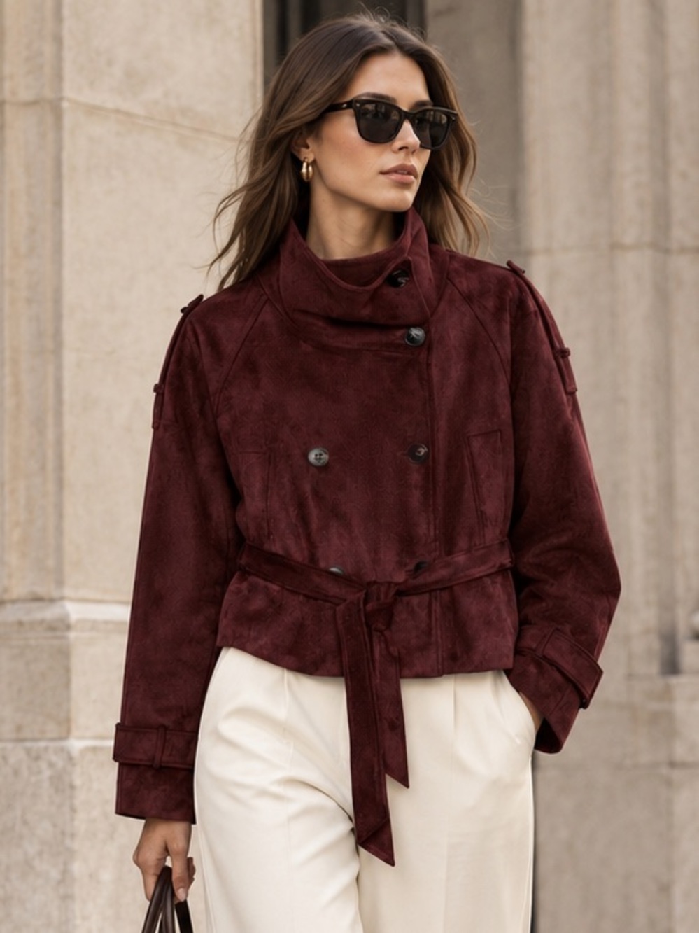 Zara Burgundy Faux Suede Belted Funnel Neck Jacket NWT M